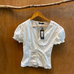 Nastygal white fitted button down puff sleeve blouse